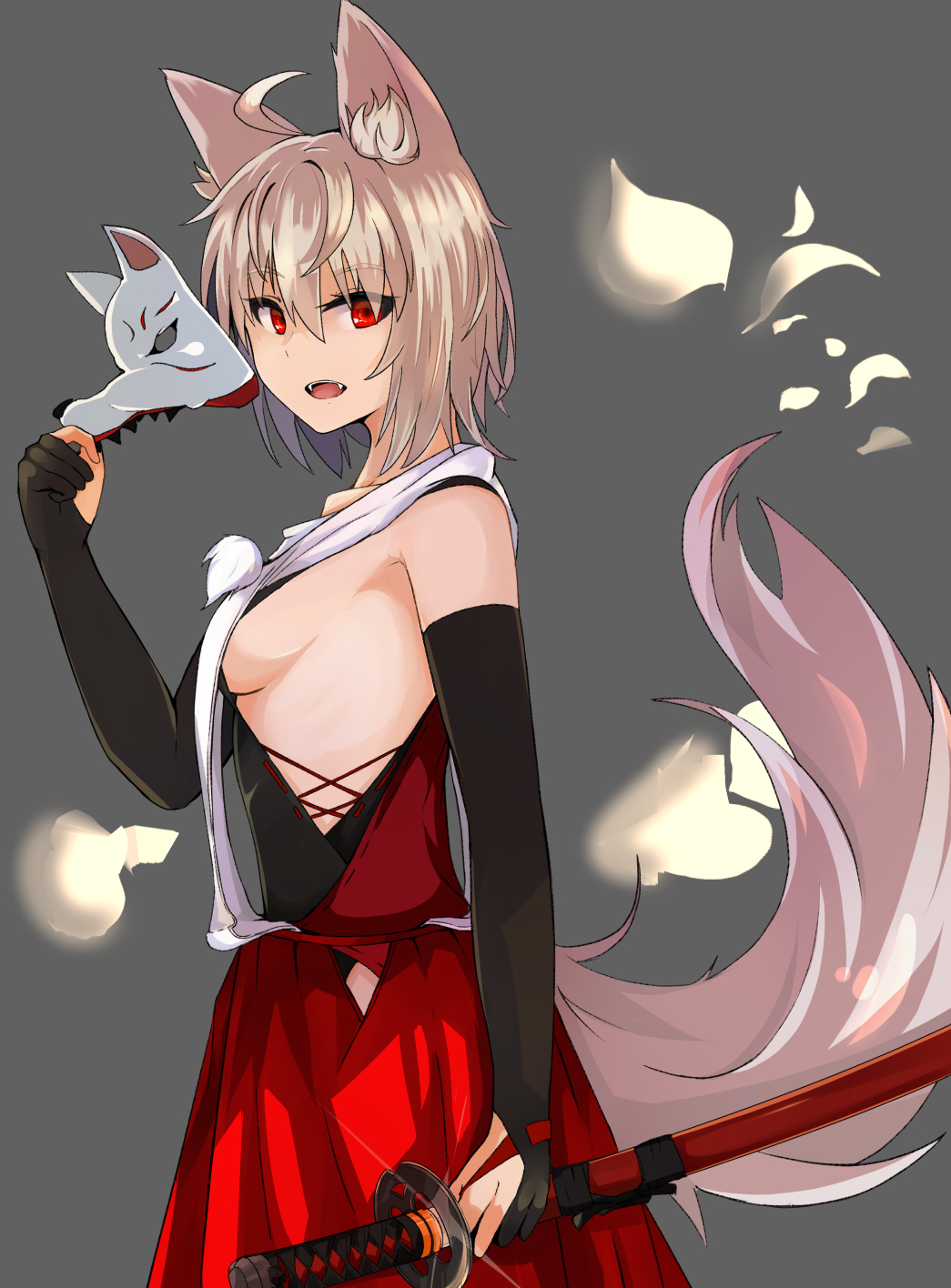 1girl akasabi animal_ears bare_shoulders black_gloves breasts eyebrows_visible_through_hair gloves highres holding holding_weapon inubashiri_momiji looking_at_viewer mask medium_breasts open_mouth pom_pom_(clothes) red_eyes red_skirt short_hair sideboob silver_hair skirt solo sword tail tengu_mask touhou weapon wolf_ears wolf_tail