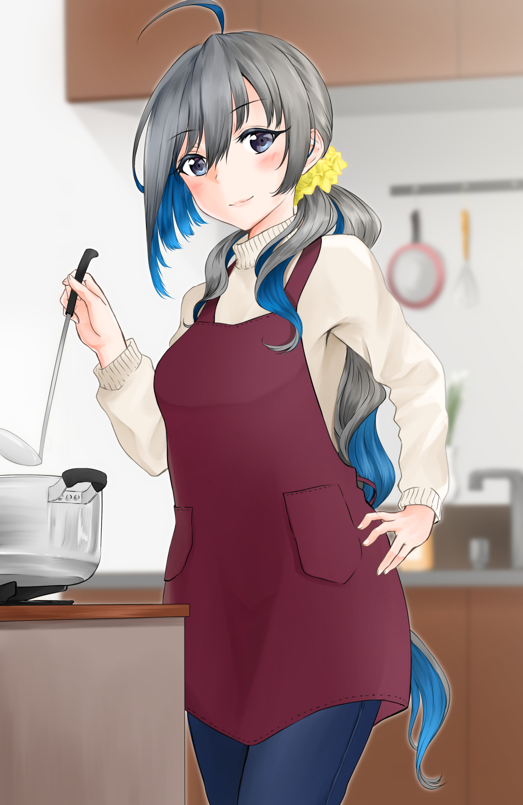 1girl adapted_costume ahoge asymmetrical_hair bangs blue_eyes blue_hair blurry blurry_background blush closed_mouth cooking cowgirl_position denim depth_of_field eyebrows_visible_through_hair faucet grey_hair grey_sweater hair_between_eyes hand_on_hip highres holding indoors jeans kantai_collection kitchen kiyoshimo_(kantai_collection) ladle lips long_hair long_sleeves looking_at_viewer low_ponytail multicolored_hair pants pot smile solo straddling sweater two-tone_hair umino_haruka_(harukaumino6) very_long_hair