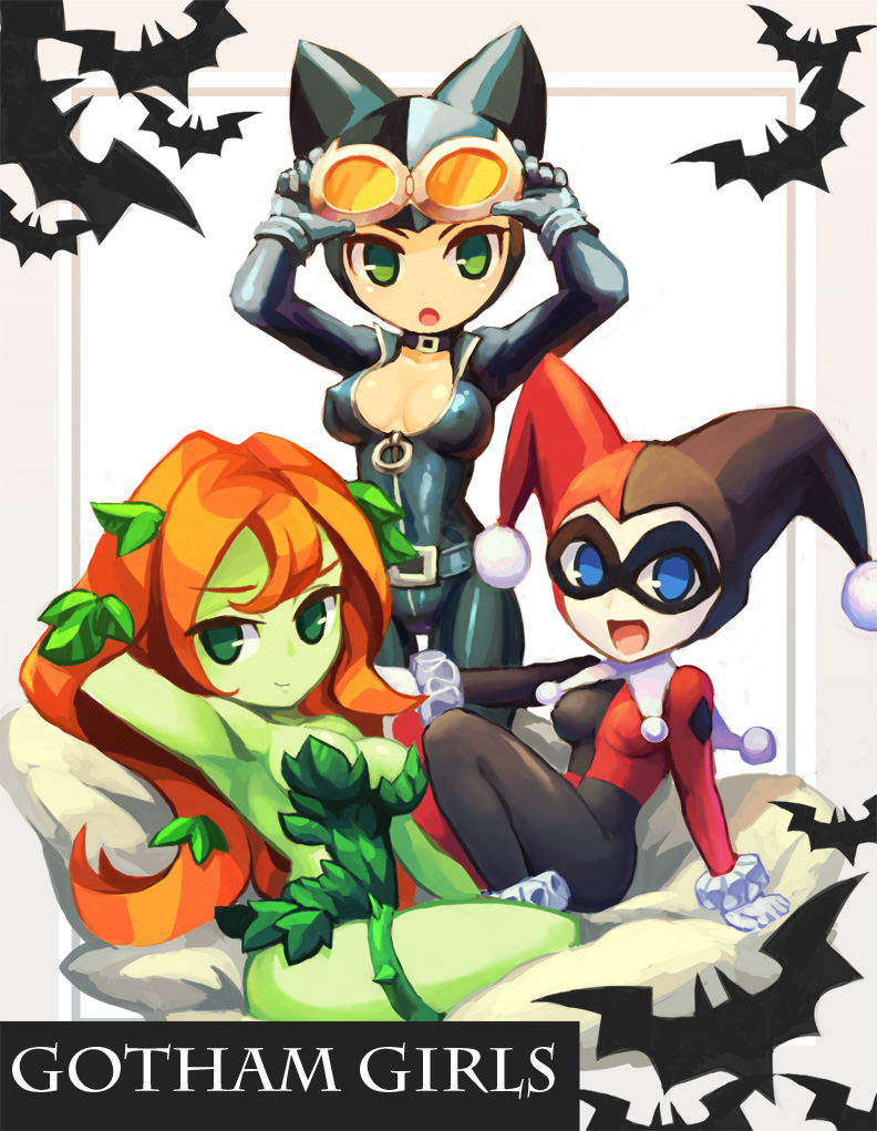 animal_ears arm_up armpits bad_id bad_pixiv_id bat batman_(series) bodysuit breasts cat_ears catsuit catwoman chibi chingisu covered_nipples dc_comics domino_mask gloves goggles goggles_on_head green_eyes green_skin harley_quinn large_breasts looking_at_viewer mask multiple_girls no_pupils open_mouth orange_hair poison_ivy sitting
