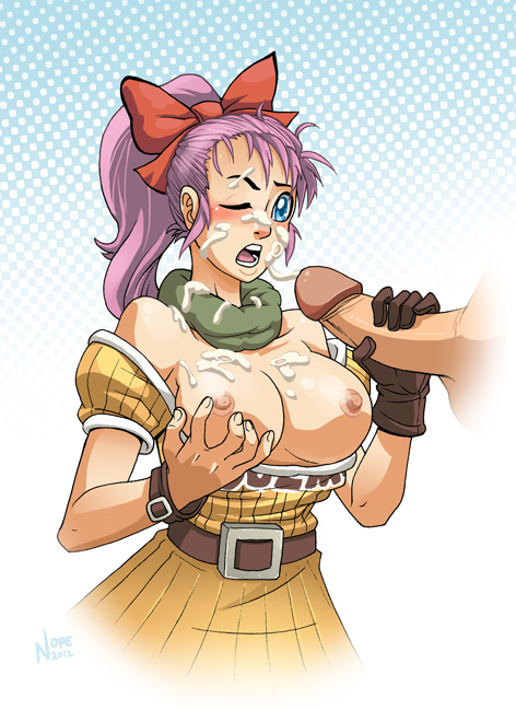 1girl belt blue_eyes blush breasts breasts_outside bulma checkered checkered_background cum cum_on_body cum_on_breasts cum_on_upper_body dragon_ball ejaculation facial gloves hair_ornament handjob large_breasts long_hair nipples no_bra nopeavi open_mouth penis ponytail purple_hair scarf skirt standing uncensored wince wink