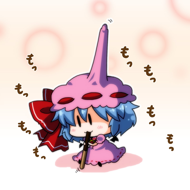 :3 bat_wings blue_hair blush bow brooch chibi commentary_request detached_wings dress eating food hat hat_bow hat_ribbon impaled jewelry mini_wings minigirl noai_nioshi pink_dress pocky remilia_scarlet ribbon short_hair sitting solo touhou wings you're_doing_it_wrong |_|