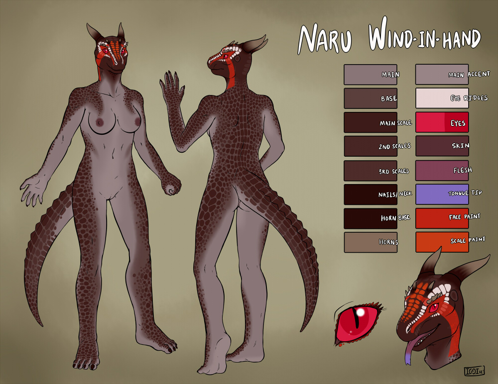 anthro argonian black_nails body_markings breasts brown_scales color_swatch crocodile face_spikes facial_markings facial_markins female grey_body iggi invalid_tag long_tongue looking_at_viewer markings model_sheet multi-colored_horn multi-colored_tongue naru nipples nude orange_scales purple_tongue red_eyes red_sclera reptile scalie skyrim the_elder_scrolls the_elder_scrolls_v:_skyrim tongue video_games white_scales