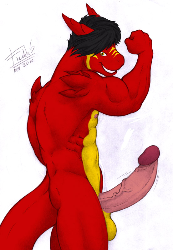 balls biceps big-red big-red_(character) big_balls big_muscles big_penis buff erection flexing freckles_(artist) gay glans hair huge_penis humanoid_penis hyper hyper_penis looking_at_viewer male muscles nude pecs penis pinup pose red_dragon red_skin showing_off side_view smile solo soto