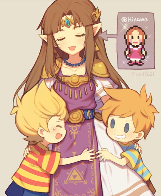 1girl 2boys blonde_hair brown_hair circlet claus dress grin hinawa hug long_hair lucas mother_(game) mother_3 mother_and_son multiple_boys nintendo pointy_ears princess_zelda shirt smile striped striped_shirt super_smash_bros. super_smash_bros._ultimate tears the_legend_of_zelda triforce twitter_username wusagi2