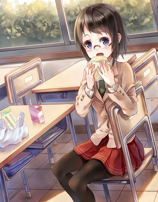 bad_id bad_pixiv_id bag banned_artist black_hair black_legwear blazer blue_eyes book_stack bread carton chair classroom drink floor food glasses holding indoors jacket melon_bread necktie open_mouth original pantyhose paseri plastic_bag rimless_eyewear school_uniform sitting skirt solo table window