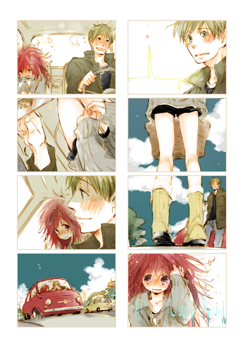 1girl akiko_(camphre) basket blush car comic couple dandruff feeding flaky flippy food green_eyes green_hair ground_vehicle happy_tree_friends height_difference hetero kneepits long_hair messy_hair motor_vehicle personification puffy_shorts red_eyes red_hair short_hair shorts silent_comic
