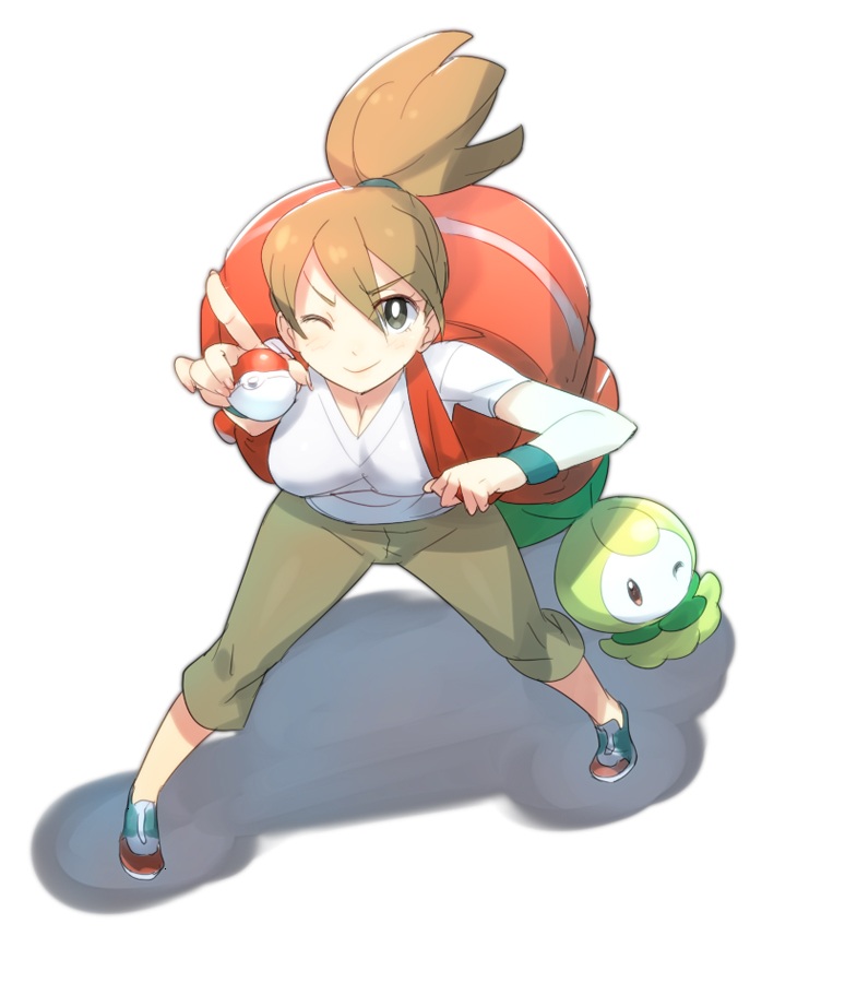 backpack backpacker_(pokemon) bag breasts brown_eyes brown_hair capri_pants cleavage gen_5_pokemon holding holding_poke_ball large_breasts naso4 one_eye_closed pants petilil pointing pointing_up poke_ball pokemon pokemon_(creature) pokemon_(game) pokemon_bw ponytail shoes sneakers source_request sweatband