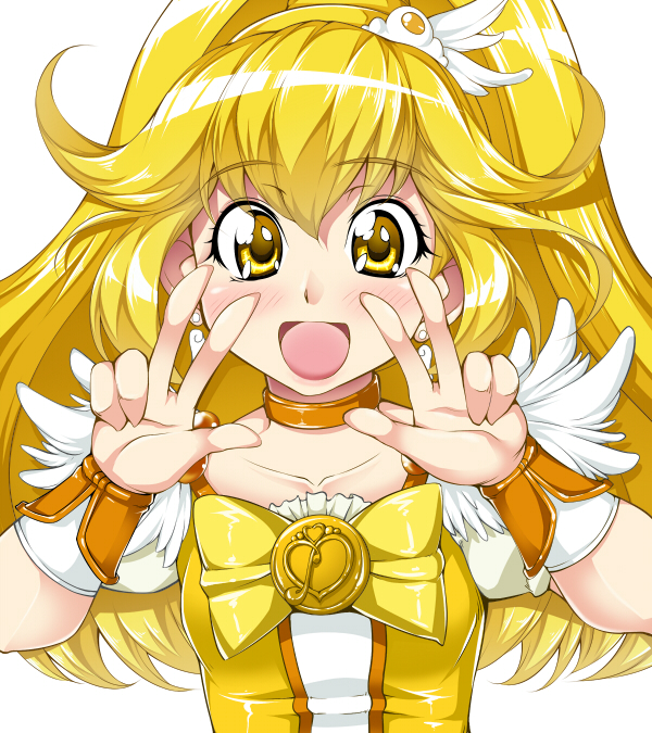 :d blonde_hair bow choker cure_peace double_v dress eyelashes hair_flaps heart kise_yayoi long_hair magical_girl open_mouth orange_choker precure sakula smile smile_precure! solo v white_background wide_ponytail wrist_cuffs yellow yellow_bow yellow_eyes