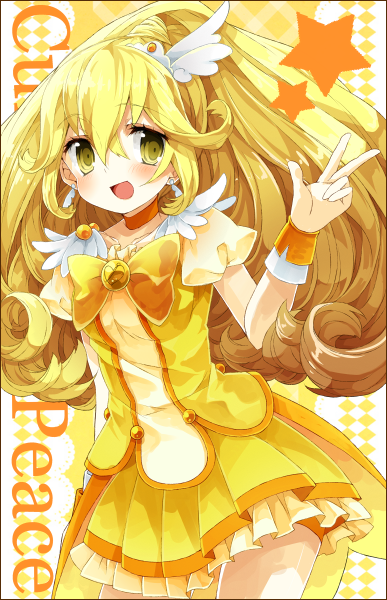 bad_id bad_pixiv_id blonde_hair bow bowtie character_name chiruku choker cure_peace hair_flaps hair_ornament hairpin kise_yayoi long_hair magical_girl orange_choker orange_neckwear precure ribbon skirt smile smile_precure! solo star v wide_ponytail yellow yellow_background yellow_bow yellow_eyes yellow_skirt