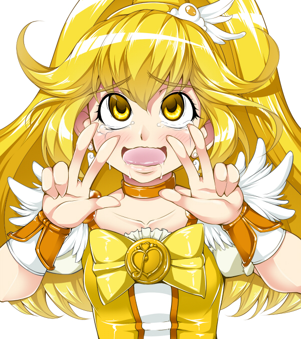 ahegao blonde_hair bow choker cure_peace double_v dress drooling eyelashes hair_flaps heart kise_yayoi long_hair magical_girl open_mouth orange_choker precure sakula smile_precure! solo tears v wavy_mouth white_background wide_ponytail wrist_cuffs yellow yellow_bow yellow_eyes