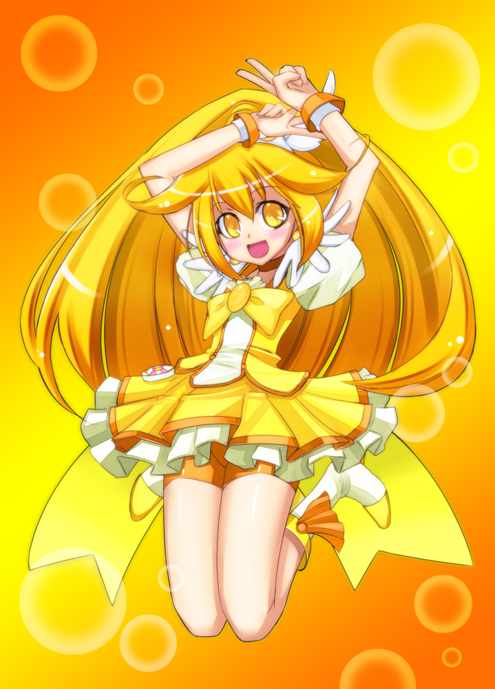 arms_up bad_id bad_pixiv_id bike_shorts blonde_hair blush boots bow bowtie brown_choker bubble choker cure_peace double_v full_body hair_flaps hifumi_(vivian) jumping kise_yayoi long_hair magical_girl orange_shorts precure ribbon shorts shorts_under_skirt skirt smile smile_precure! solo v wide_ponytail wrist_cuffs yellow yellow_background yellow_bow yellow_eyes yellow_skirt