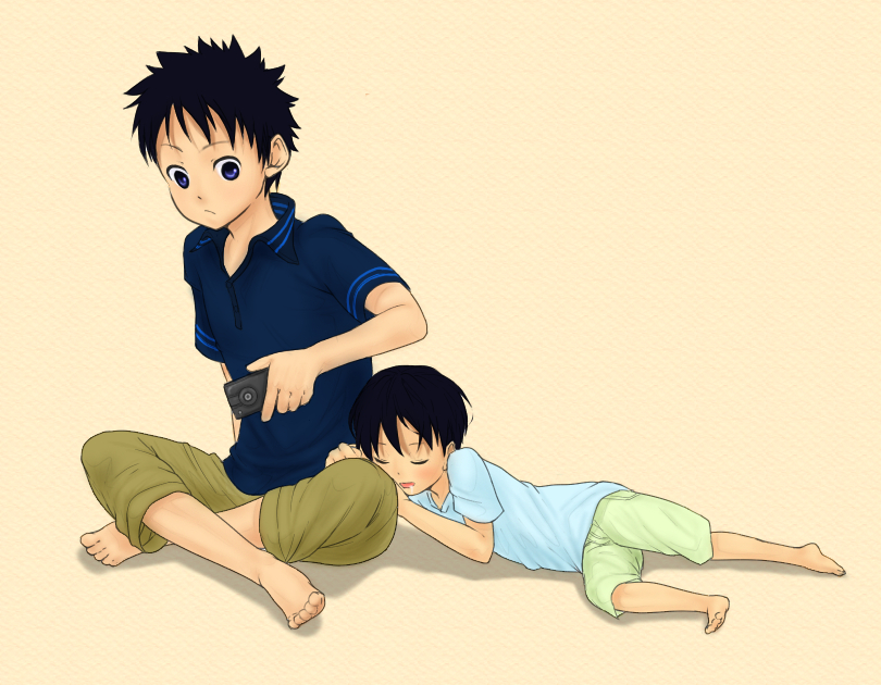 2boys barefoot black_hair blue_eyes blue_shirt brothers camera child little_brother male male_focus multiple_boys puppukupu shirt siblings sitting sleeping