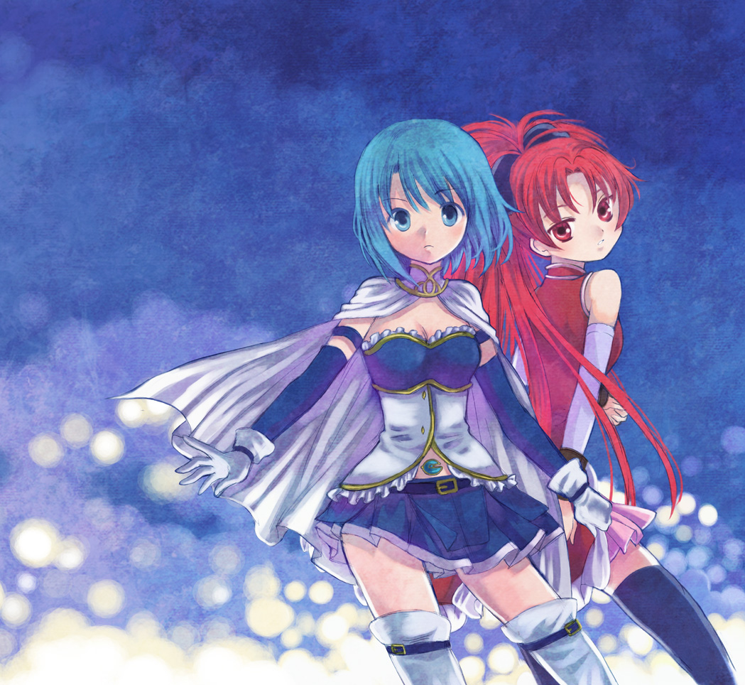 bad_id bad_pixiv_id belt blue_eyes blue_hair cape detached_sleeves frills gloves hanaki_misa long_hair magical_girl mahou_shoujo_madoka_magica midriff miki_sayaka miniskirt multiple_girls ponytail red_eyes red_hair sakura_kyouko short_hair skirt thighhighs zettai_ryouiki