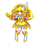 :d bad_id bad_pixiv_id blonde_hair boots bow cure_peace double_v hair_flaps kise_yayoi kou_2008 lowres magical_girl open_mouth pixel_art precure shorts shorts_under_skirt skirt smile smile_precure! solo v white_background wide_ponytail yellow yellow_bow yellow_eyes yellow_skirt