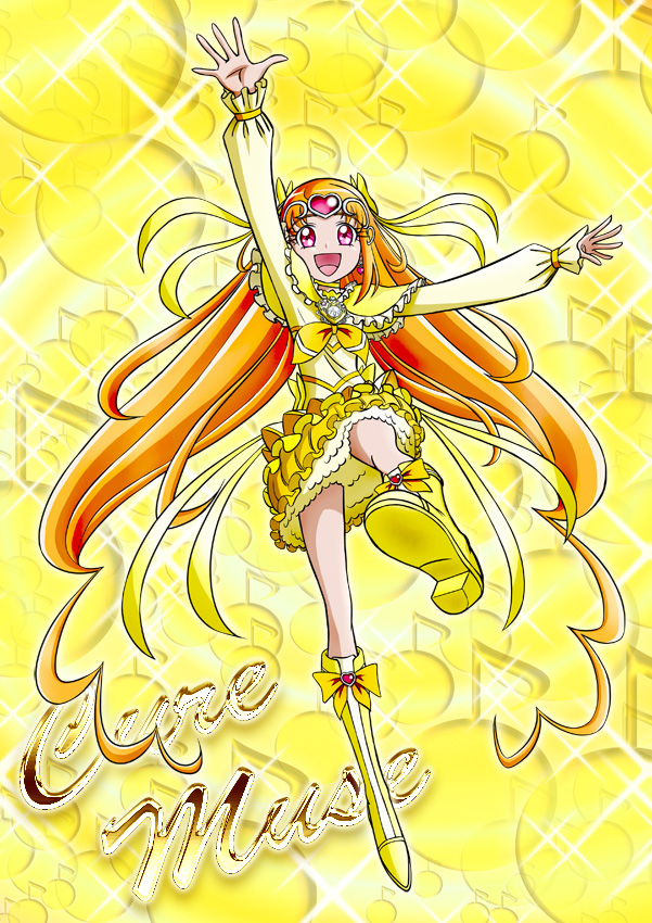 arm_up boots bow brooch character_name choker circlet cure_muse_(yellow) eyelashes frills full_body hair_bow heart jewelry knee_boots long_hair magical_girl orange_hair perspective pink_eyes precure ribbon shirabe_ako skirt solo suite_precure toratora_(1972-08-30) yellow yellow_background yellow_bow yellow_skirt