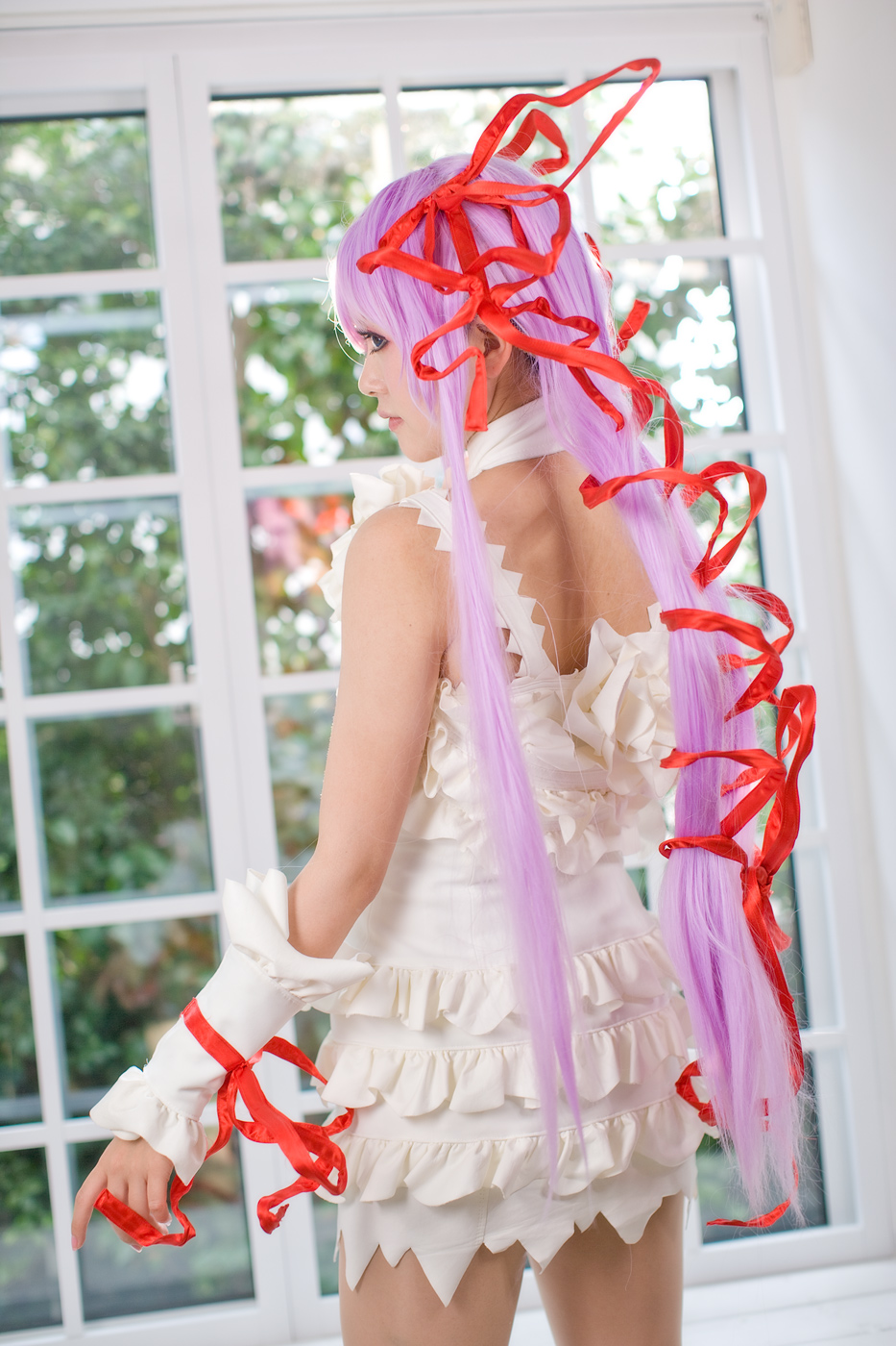 al_azif cosplay cuffs demonbane dress frills hair_ribbon hair_ribbons highres lace photo purple_hair ribbon ribbons ruffles tsugihagi_mishin