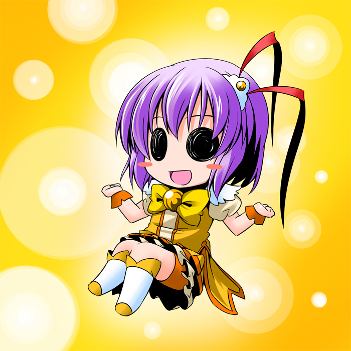 blush_stickers bow cosplay cure_peace cure_peace_(cosplay) hair_ornament ichimi nagae_iku open_mouth orange_shorts power_connection precure purple_hair short_hair shorts shorts_under_skirt skirt smile smile_precure! solid_circle_eyes solo touhou yellow yellow_bow yellow_skirt