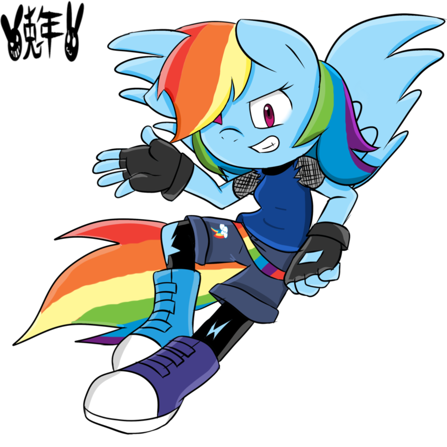 anthro cutie_mark equine fingerless_gloves friendship_is_magic gloves horse multi-colored_hair my_little_pony pegasus pony rainbow_dash_(mlp) sonic_style wings