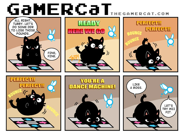 black black_fur cat celesse chubby comic cute dance_dance_revolution dancing ddr dialog english_text fairy feline fur gamer_cat gamercat like_a_boss male mammal navi overweight samantha_whitten text the_legend_of_zelda video_games