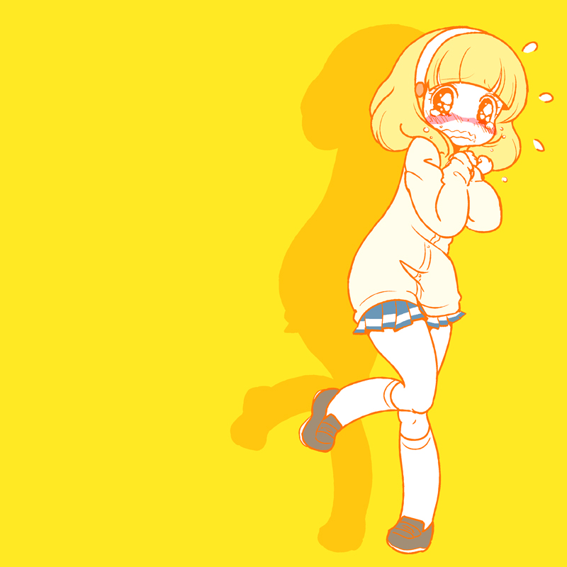 blush cardigan hairband karaagetarou kise_yayoi kneehighs loafers nanairogaoka_middle_school_uniform precure school_uniform shoes shy skirt smile_precure! solo standing standing_on_one_leg tears wavy_mouth white_hairband yellow yellow_background