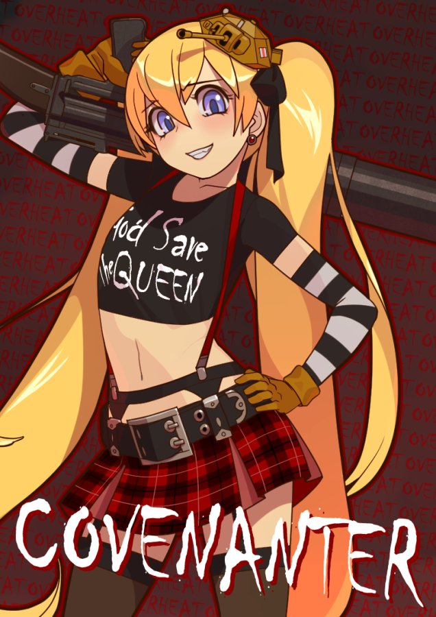 1girl bangs belt black_belt black_gloves black_legwear black_ribbon black_shirt blonde_hair brown_gloves character_name clothes_writing commentary_request contrapposto covenanter_(kehotank) covenanter_(tank)_(personification) crop_top earrings elbow_gloves english eyebrows_visible_through_hair garter_straps gloves grin gun hair_ribbon headgear holding holding_gun holding_weapon jewelry long_hair looking_at_viewer microskirt original over_shoulder personification plaid plaid_skirt pleated_skirt print_shirt red_skirt ribbon shirt short_sleeves skirt smile solo soumu_(kehotank) standing striped striped_gloves suspenders thighhighs twintails very_long_hair weapon weapon_request