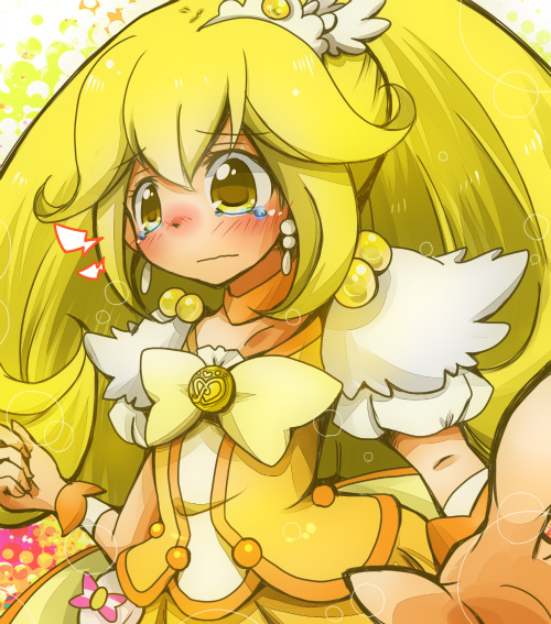 blonde_hair blush bow choker cure_peace dane2424 earrings hair_flaps hair_ornament heart jewelry kise_yayoi long_hair magical_girl precure ribbon_choker skirt smile_precure! solo tears yellow yellow_bow yellow_choker yellow_eyes yellow_skirt