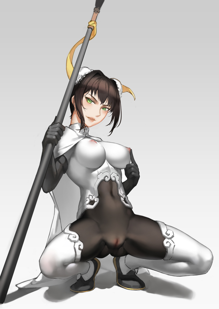 black_hair bodysuit breasts cameltoe double_bun erect_nipples fate/grand_order fate_(series) holding holding_weapon large_breasts looking_at_viewer navel nero_(nilu) polearm qin_liangyu_(fate) solo spear spread_legs squatting thighhighs weapon white_legwear