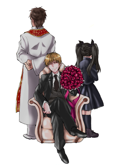 2boys arms_behind_back blonde_hair bouquet brown_hair chair child crossed_legs fate/zero fate_(series) flower formal gilgamesh hair_ribbon long_hair multiple_boys necktie otori666 priest red_eyes ribbon simple_background sitting stole suit toosaka_rin twintails white_background younger