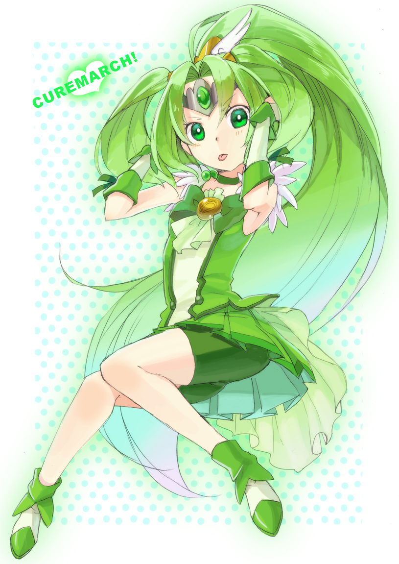 :p bike_shorts bow bowtie brooch character_name cherico choker cure_march green green_choker green_eyes green_hair green_neckwear green_shorts green_skirt hair_ornament hair_tousle head_wings jewelry legs long_hair looking_at_viewer magical_girl midorikawa_nao pleated_skirt ponytail precure shorts shorts_under_skirt skirt smile_precure! solo text_focus tiara tongue tongue_out tri_tails