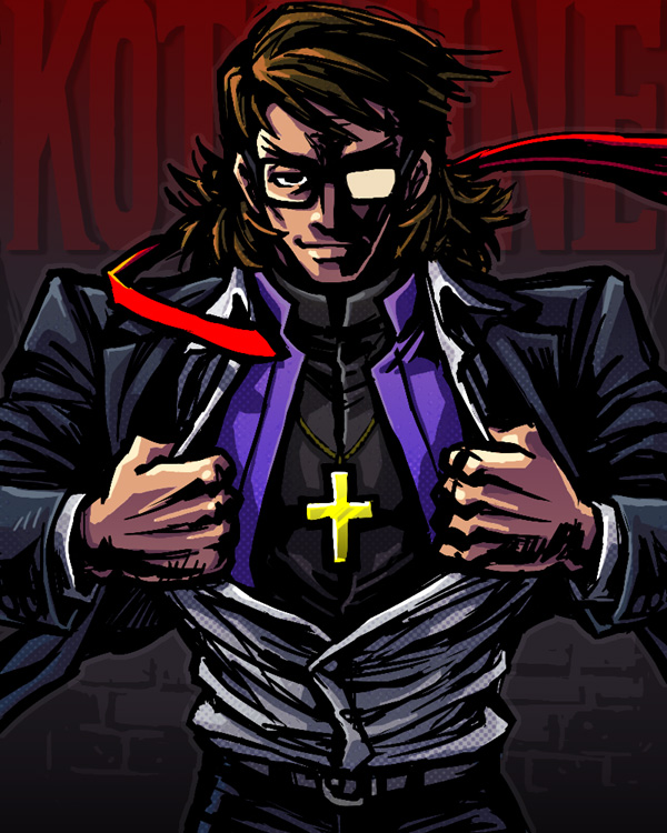 bad_id bad_pixiv_id bespectacled brown_eyes brown_hair cross cross_necklace fate/stay_night fate/tiger_colosseum fate_(series) formal glasses high_contrast jewelry kotomine_kirei male_focus mentos_(snatch) necklace necktie open_clothes open_shirt parody shirt smile solo suit undressing