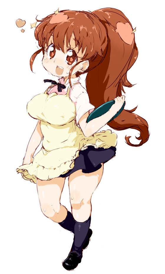 apron breasts brown_eyes brown_hair large_breasts long_hair looking_at_viewer open_mouth ponytail randou simple_background skirt smile solo taneshima_popura waitress white_background working!!