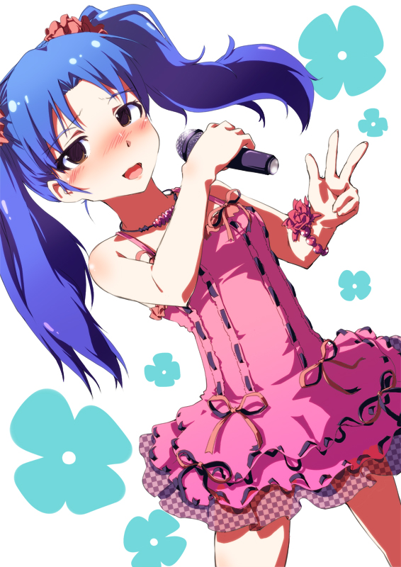 :d blue_hair blush bracelet brown_eyes dress embarrassed idolmaster idolmaster_(classic) jewelry kisaragi_chihaya long_hair microphone necklace open_mouth ribbon sayuu_hanten scrunchie smile solo twintails v
