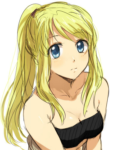 bare_shoulders blonde_hair blue_eyes breasts cleavage expressionless eyebrows_visible_through_hair fullmetal_alchemist long_hair looking_at_viewer medium_breasts ponytail riru solo strapless tubetop white_background winry_rockbell