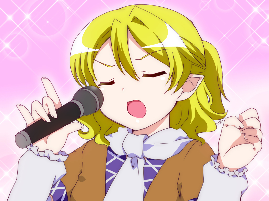 \m/ adaajt blonde_hair closed_eyes fingernails microphone mizuhashi_parsee music open_mouth pointy_ears scarf short_hair singing solo sparkle touhou