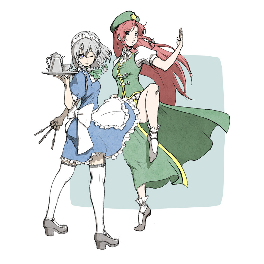 ankle_socks blue_eyes bow cup fighting_stance garters grey_hair hat hong_meiling izayoi_sakuya knife long_hair multiple_girls nobuya one_eye_closed open_mouth red_hair teacup teapot thighhighs touhou tray very_long_hair weapon white_legwear