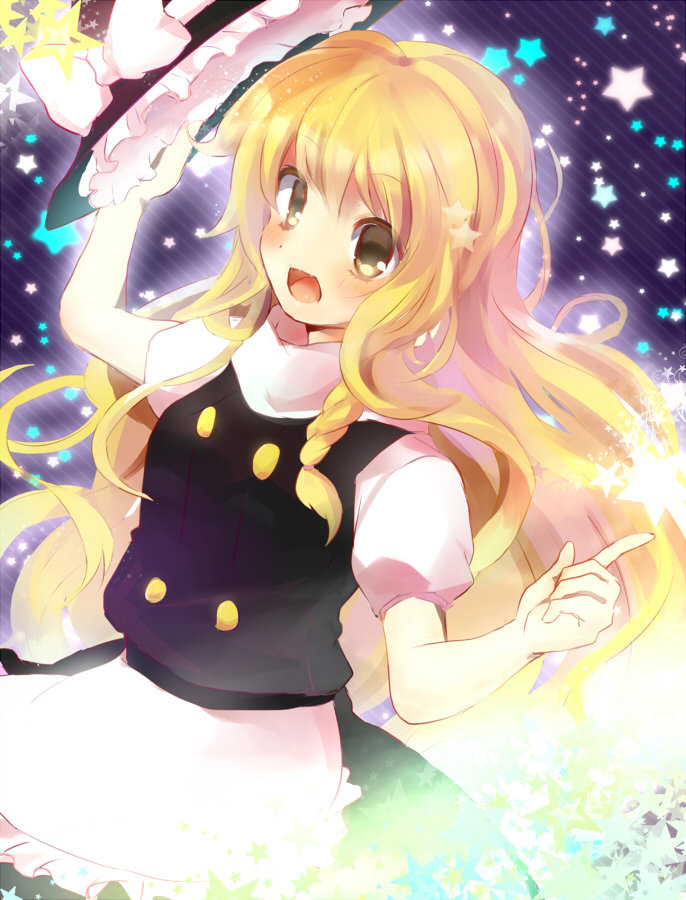 apron blonde_hair blush braid brown_eyes hat hat_removed headwear_removed holding holding_hat k.ei kirisame_marisa long_hair looking_at_viewer open_mouth puffy_short_sleeves puffy_sleeves short_sleeves side_braid skirt skirt_set solo star starry_background touhou