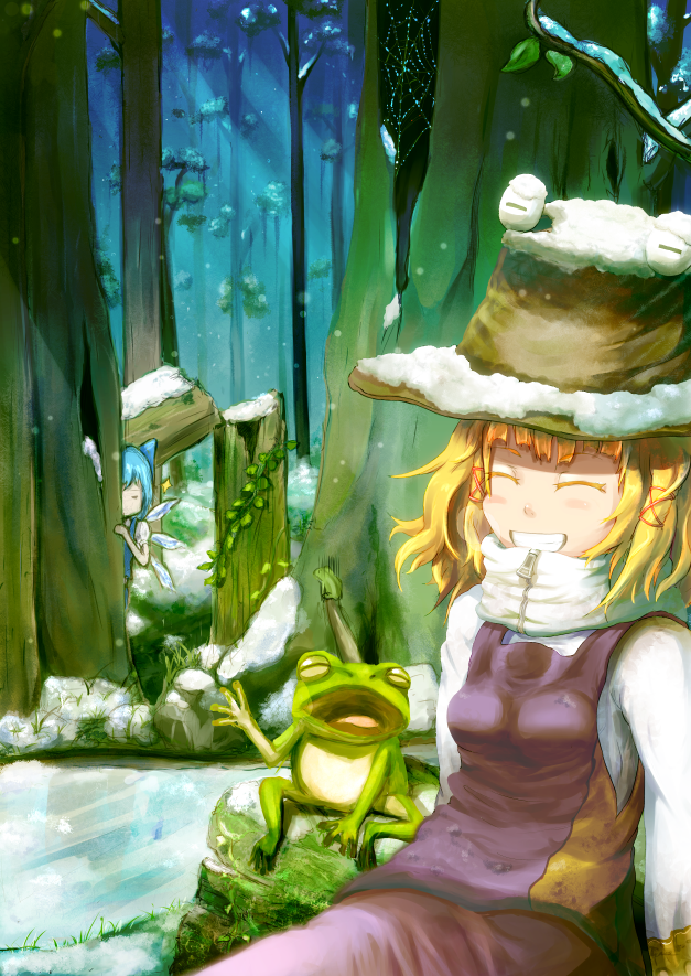 amekosame blonde_hair blue_dress blue_hair bow cirno closed_eyes dress forest frog grin hair_bow hair_ribbon hat hiding moriya_suwako multiple_girls nature open_mouth peeking_out ribbon scarf shirt short_hair silk skirt skirt_set smile snow sparkle spider_web touhou vest watching wings winter