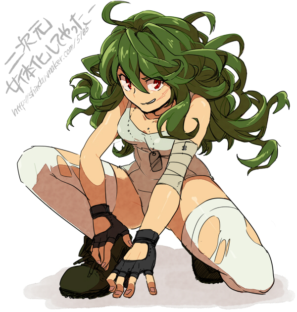 bad_id bad_pixiv_id copyright_request dog_tags fingerless_gloves gloves green_hair ikeshita_moyuko long_hair red_eyes simple_background smile solo squatting thighhighs torn_clothes torn_legwear
