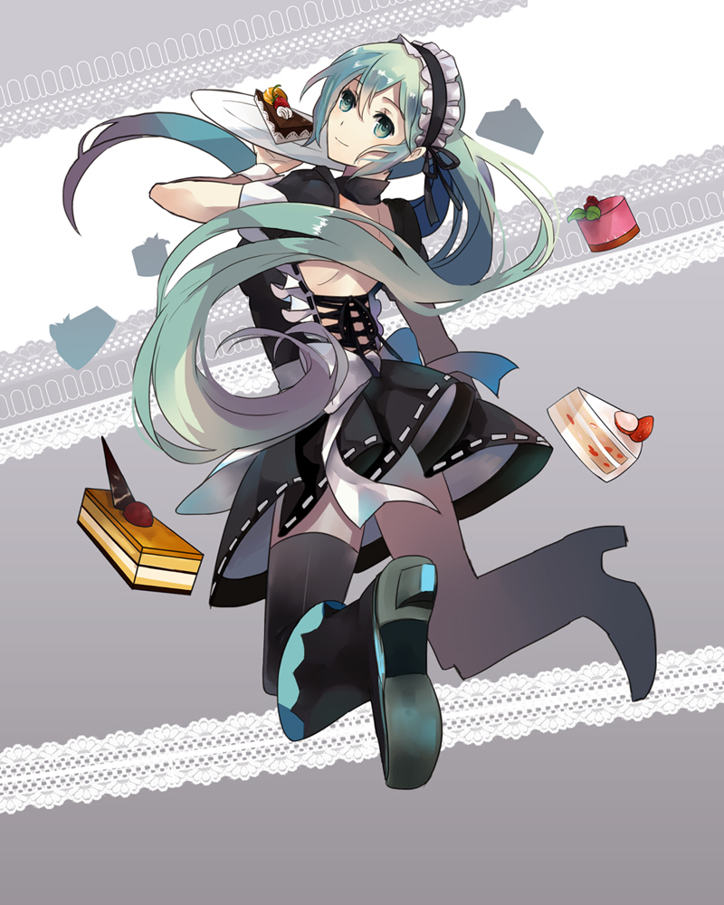aqua_eyes aqua_hair bad_id bad_pixiv_id boots cake donbou11 food hairband hatsune_miku long_hair looking_at_viewer looking_back pastry plate smile solo thighhighs twintails very_long_hair vocaloid waitress zettai_ryouiki