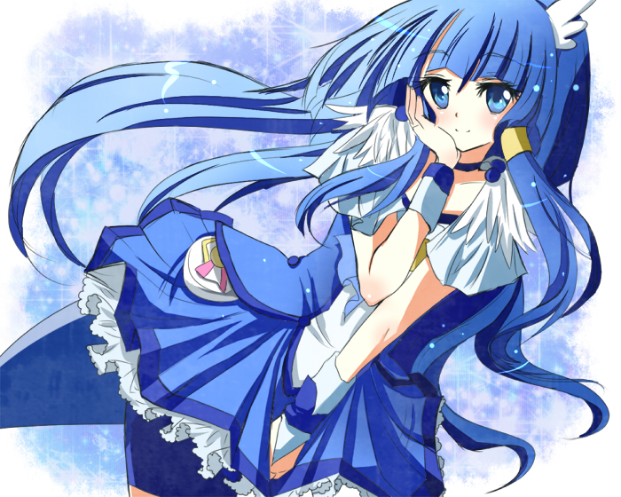 1girl aoki_reika blue_dress blue_eyes blue_hair cure_beauty hands_to_face long_hair looking_at_viewer magical_girl precure smile_precure!