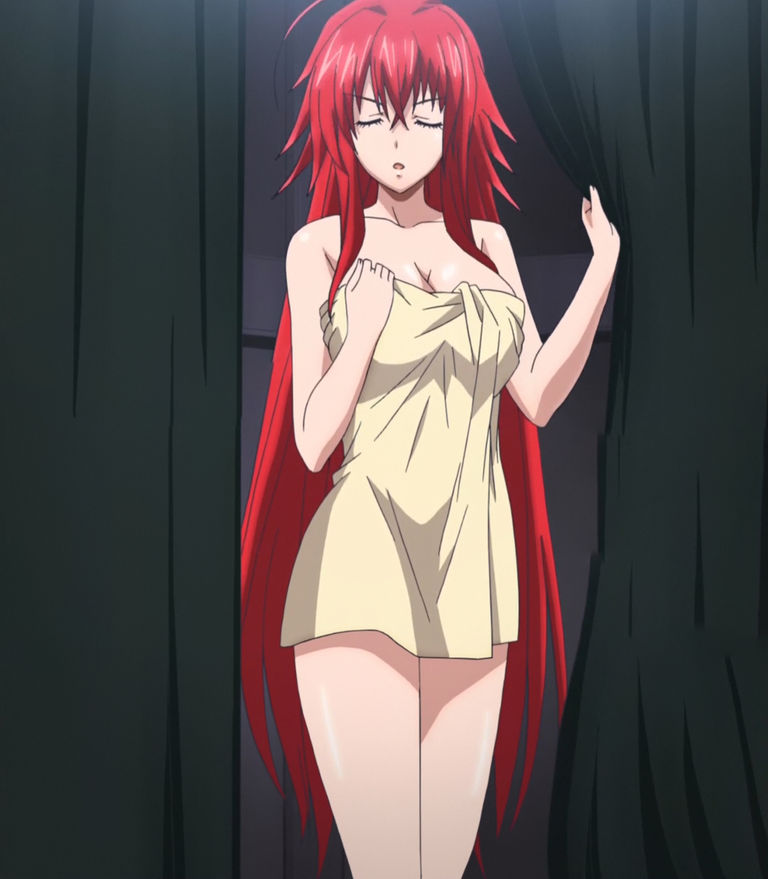 ahoge black_curtain cleavage eyes_closed highschool_dxd long_red_hair open_mouth rias_gremory screen_capture shower towel