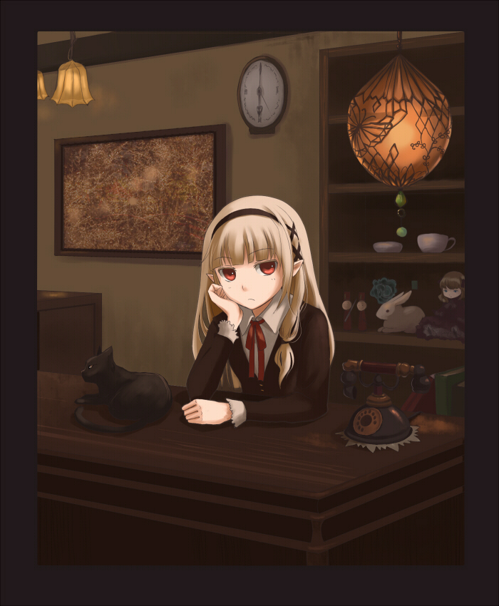 blonde books bored braided_hair cat cork_board cup dirty_blonde_hair dolls dress hair_band interior lamp looking_at_viewer phone pointed_ears reception_desk red_eyes red_tie rotary_telephone saucer? wall_clock