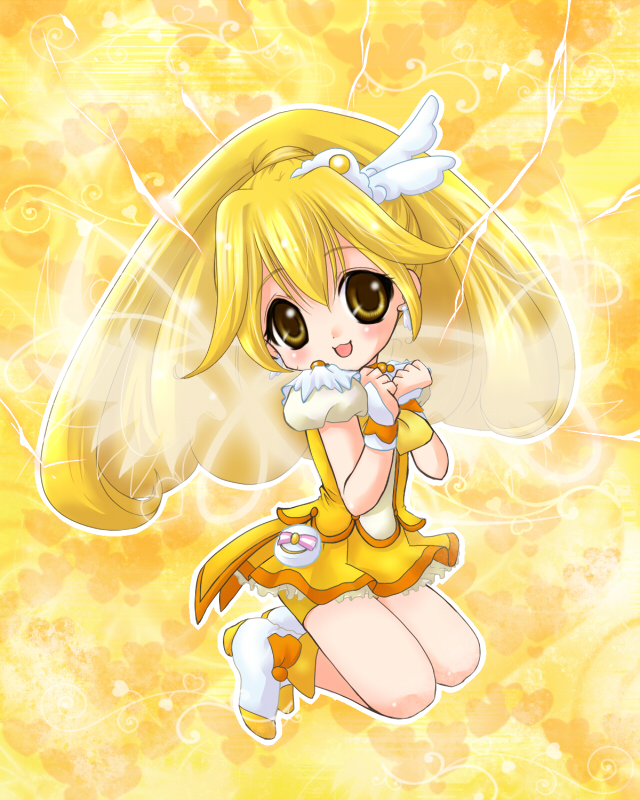 bike_shorts blonde_hair boots brown_eyes cure_peace dress electricity hair_ornament hairpin kise_yayoi kneeling long_hair magical_girl narimiya_momone ponytail precure shoes shorts shorts_under_skirt skirt smile smile_precure! solo yellow yellow_background yellow_dress yellow_eyes