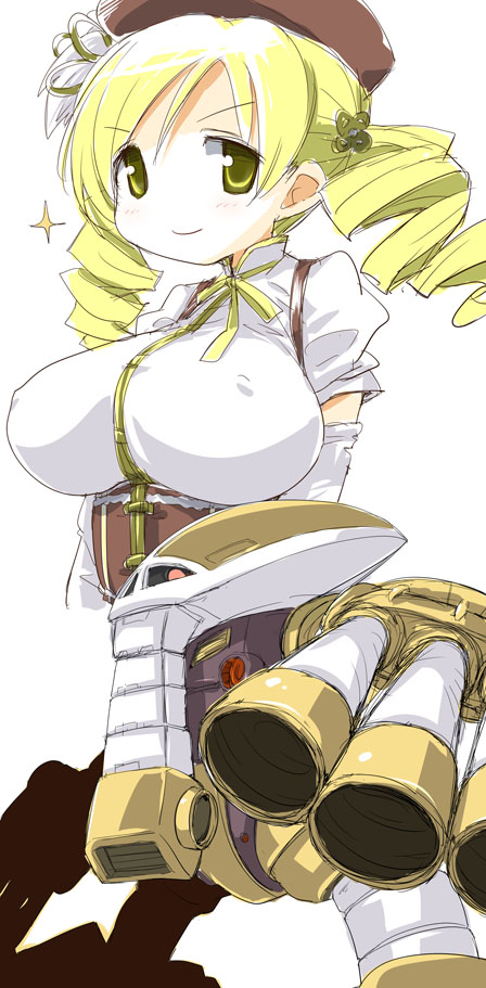 blonde blouse breasts corset curly_hair detached_sleeves drill_hair erect_nipples gundam hat hirowa_nagi juagg large_breasts mahou_shoujo_madoka_magica mecha oppai shirt smile tomoe_mami weapon yellow_eyes