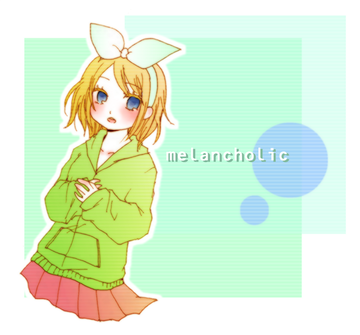 alice420 blonde_hair blue_eyes blush bow english hair_bow hairband hands_on_own_chest kagamine_rin melancholic_(vocaloid) skirt solo song_name vocaloid