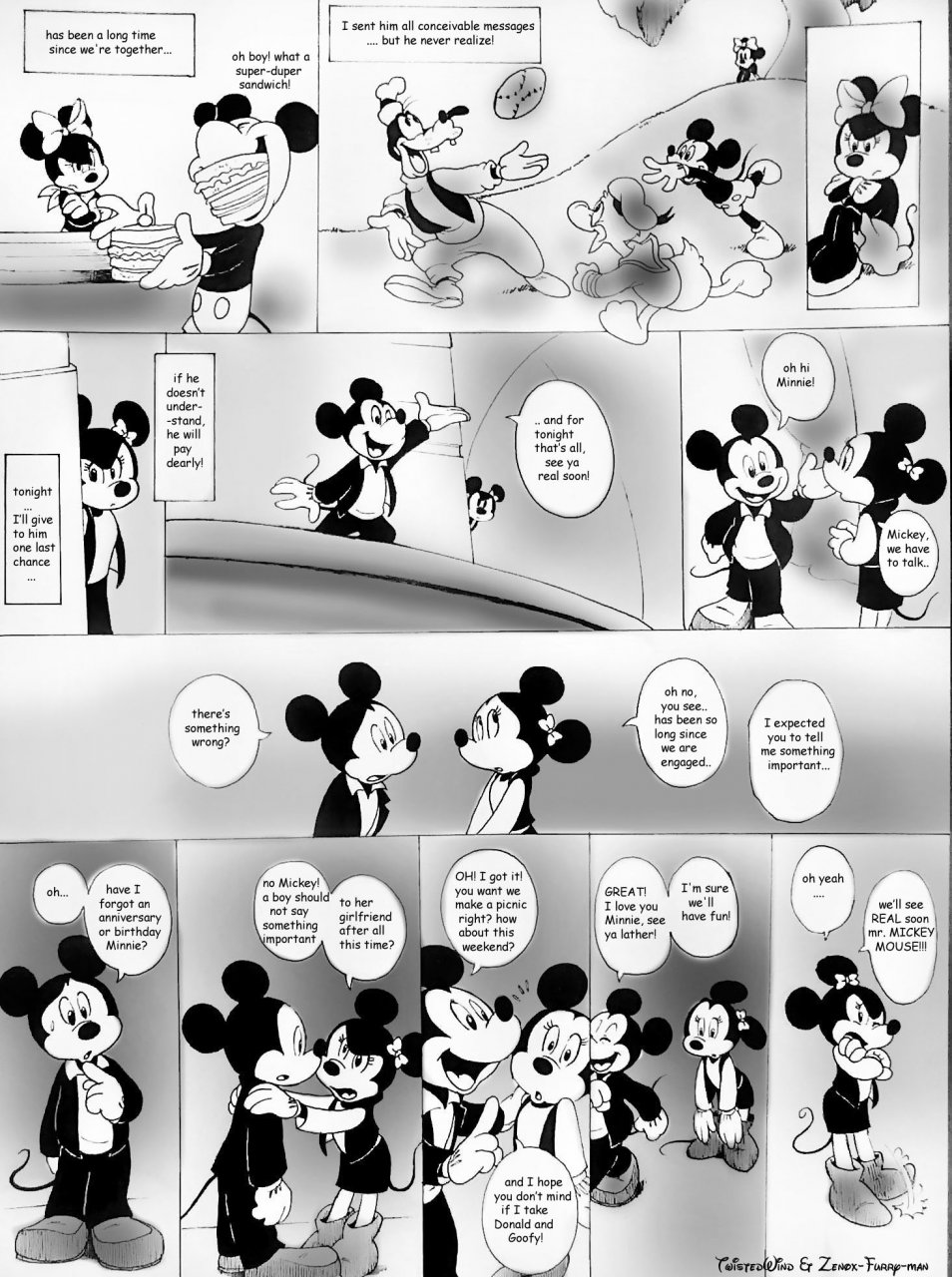 disney female food greyscale house_of_mouse male mammal mickey_mouse minnie minnie_mouse monochrome mouse rodent sandwich sandwich_(food) twistedterra