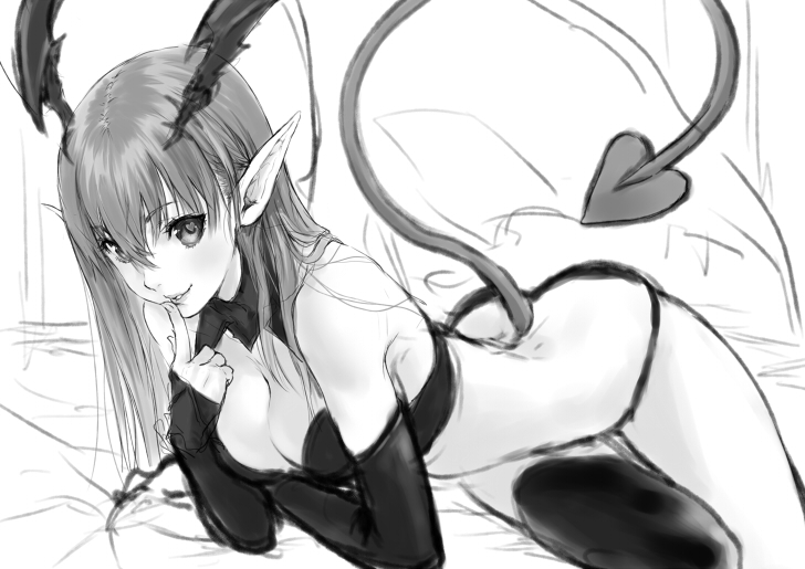 arm_warmers ass breasts cleavage demon_girl finger_to_mouth greyscale horns lips long_hair looking_at_viewer lord_of_vermilion makimura_shunsuke medium_breasts monochrome pointy_ears sketch smile solo succubus succubus_(lord_of_vermilion) tail thighhighs