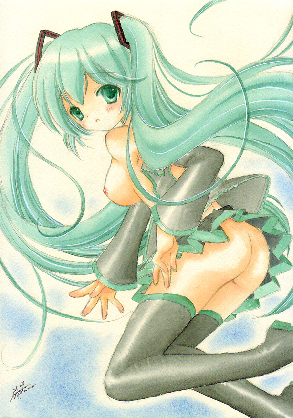 2012 asapon ass boots breasts dated detached_sleeves green_eyes green_hair hatsune_miku long_hair medium_breasts no_bra no_panties open_clothes open_shirt shirt signature skirt solo thigh_boots thighhighs traditional_media twintails very_long_hair vocaloid