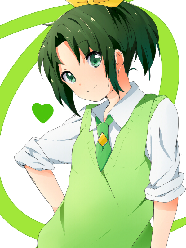 bad_id bad_pixiv_id green_eyes green_hair green_neckwear hand_on_hip heart midorikawa_nao necktie nifu ponytail precure school_uniform sleeves_rolled_up smile smile_precure! solo sweater_vest