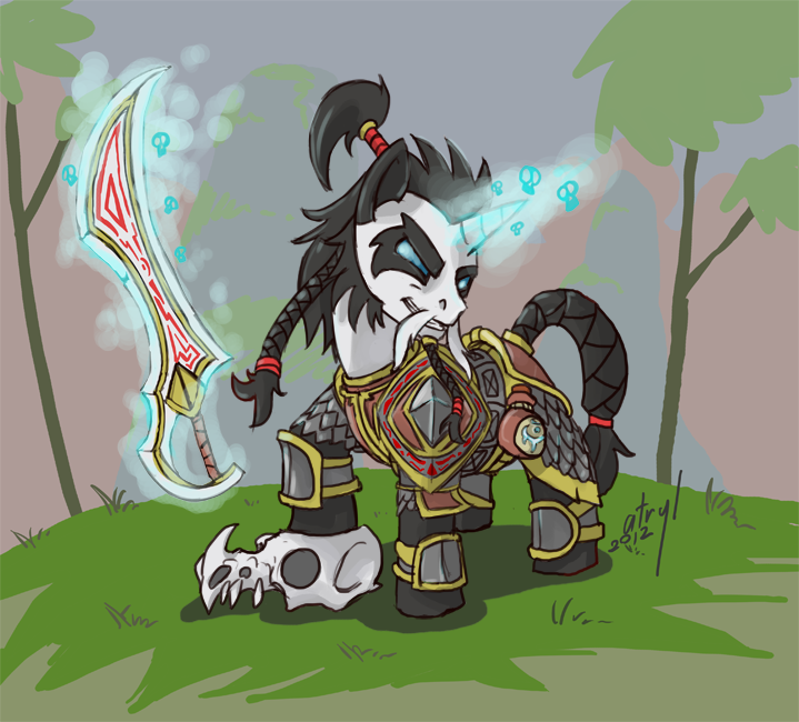 commission crossover death_knight equine female friendship_is_magic hooves horn horse mammal my_little_pony oc original_character pandaren pony skull solo sword undead unicorn video_games warcraft weapon world_of_warcraft